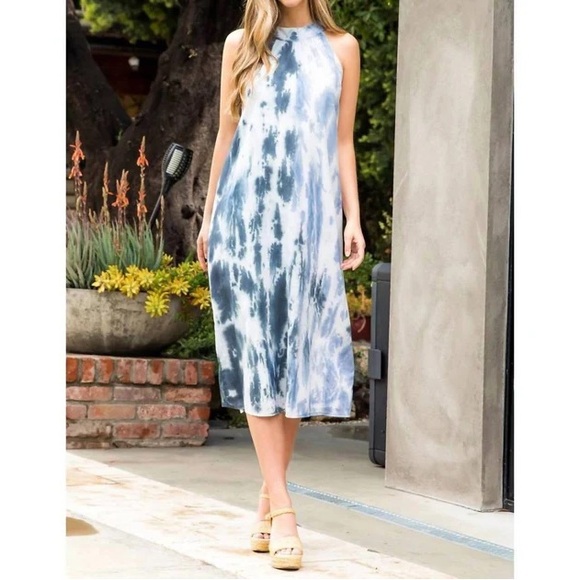 THML Tie Dye Midi Dress With Halter Neck In Blue Size Medium NWT - Picture 1 of 10
